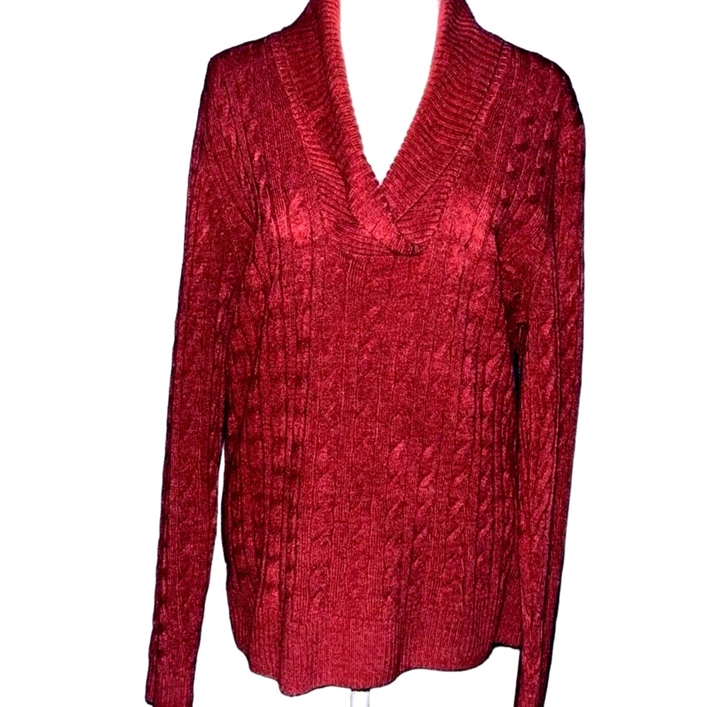Red Cable Knit Shawl Collar Pullover Sweater Long Sleeve Textured Knit Top
